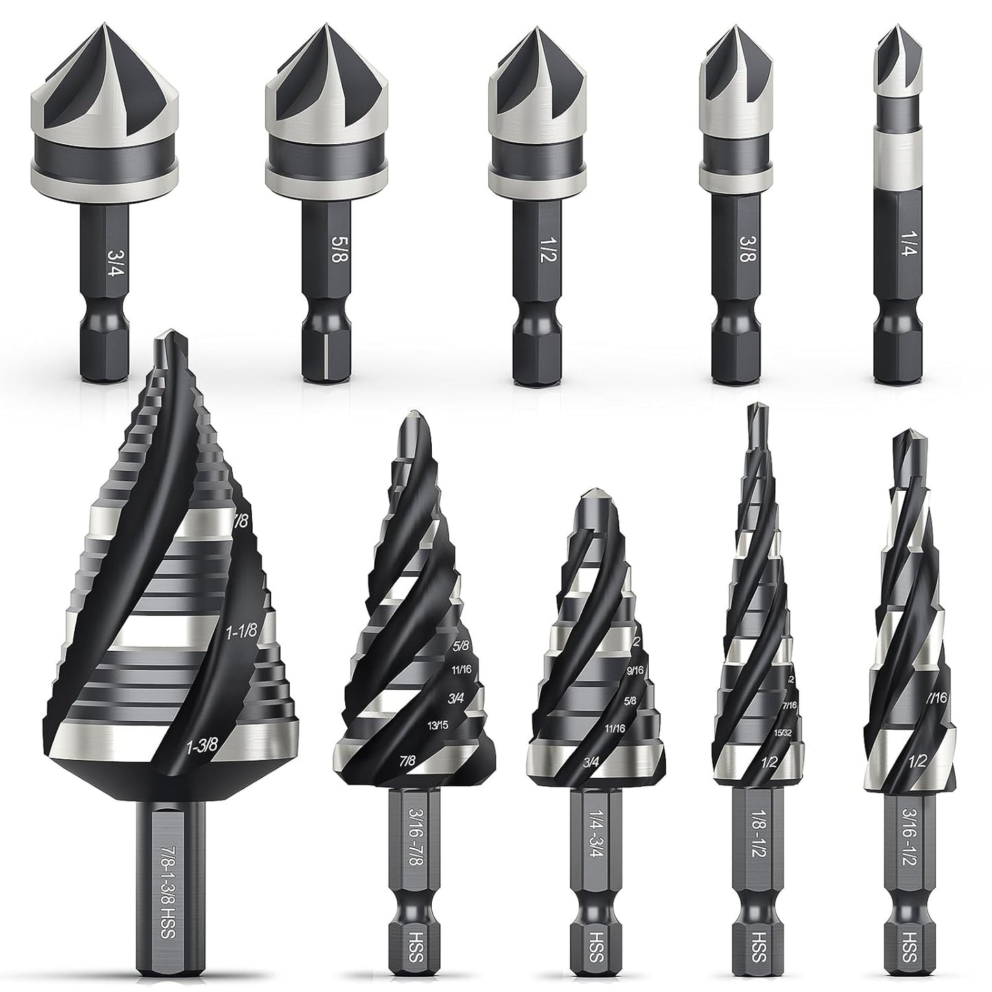 10-Piece Step Drill Bit & Countersink Set, 5 Spiral Flute Step Bits & 5 HSS Countersink Bits, 1/4" & 3/8" Shank, for Metal, Aluminum, Wood & Plastic