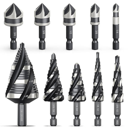 10-Piece Step Drill Bit & Countersink Set, 5 Spiral Flute Step Bits & 5 HSS Countersink Bits, 1/4" & 3/8" Shank, for Metal, Aluminum, Wood & Plastic