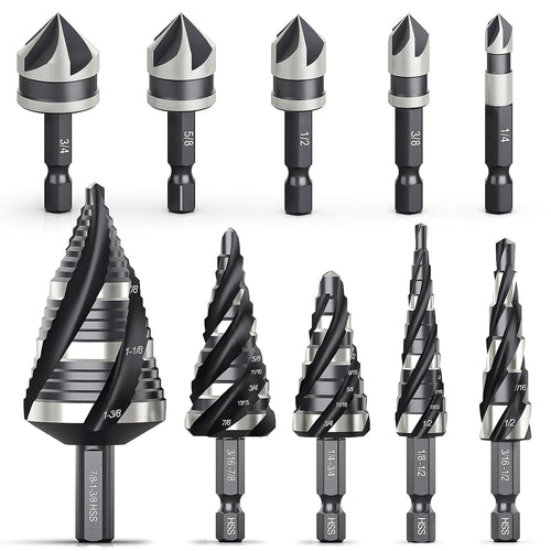 10-Piece Step Drill Bit & Countersink Set, 5 Spiral Flute Step Bits & 5 HSS Countersink Bits, 1/4" & 3/8" Shank, for Metal, Aluminum, Wood & Plastic
