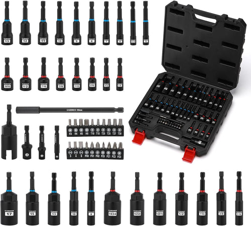 55-Piece Magnetic Nut Driver Set for Impact Drill, Deep & Shallow, Metric & SAE, Includes Screwdriver Bits, Bit Extension Bar, Socket Adapters & Wing Nut Driver