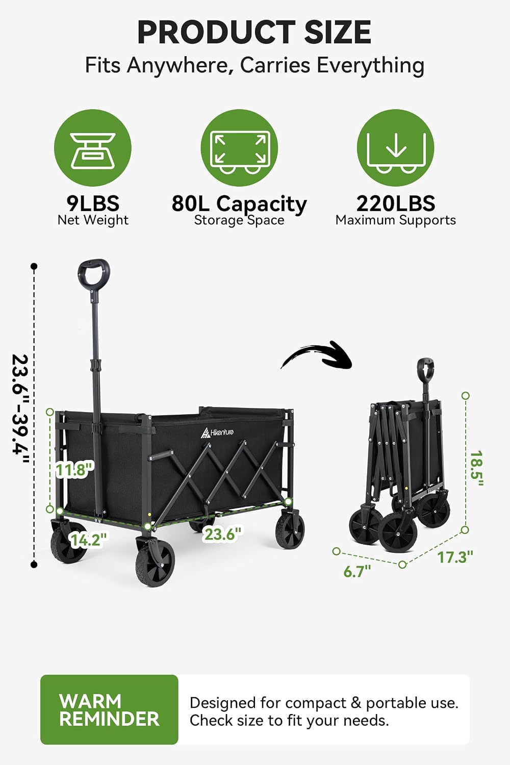 Collapsible Folding Wagon Cart with Wheels, 220 LBS Heavy Duty Utility Wagon, Lightweight Portable Folding Cart for Grocery, Camping, Garden, Beach & Sports