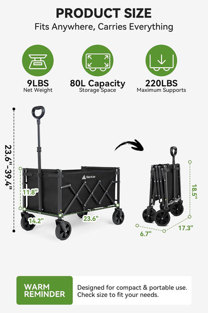 Collapsible Folding Wagon Cart with Wheels, 220 LBS Heavy Duty Utility Wagon, Lightweight Portable Folding Cart for Grocery, Camping, Garden, Beach & Sports