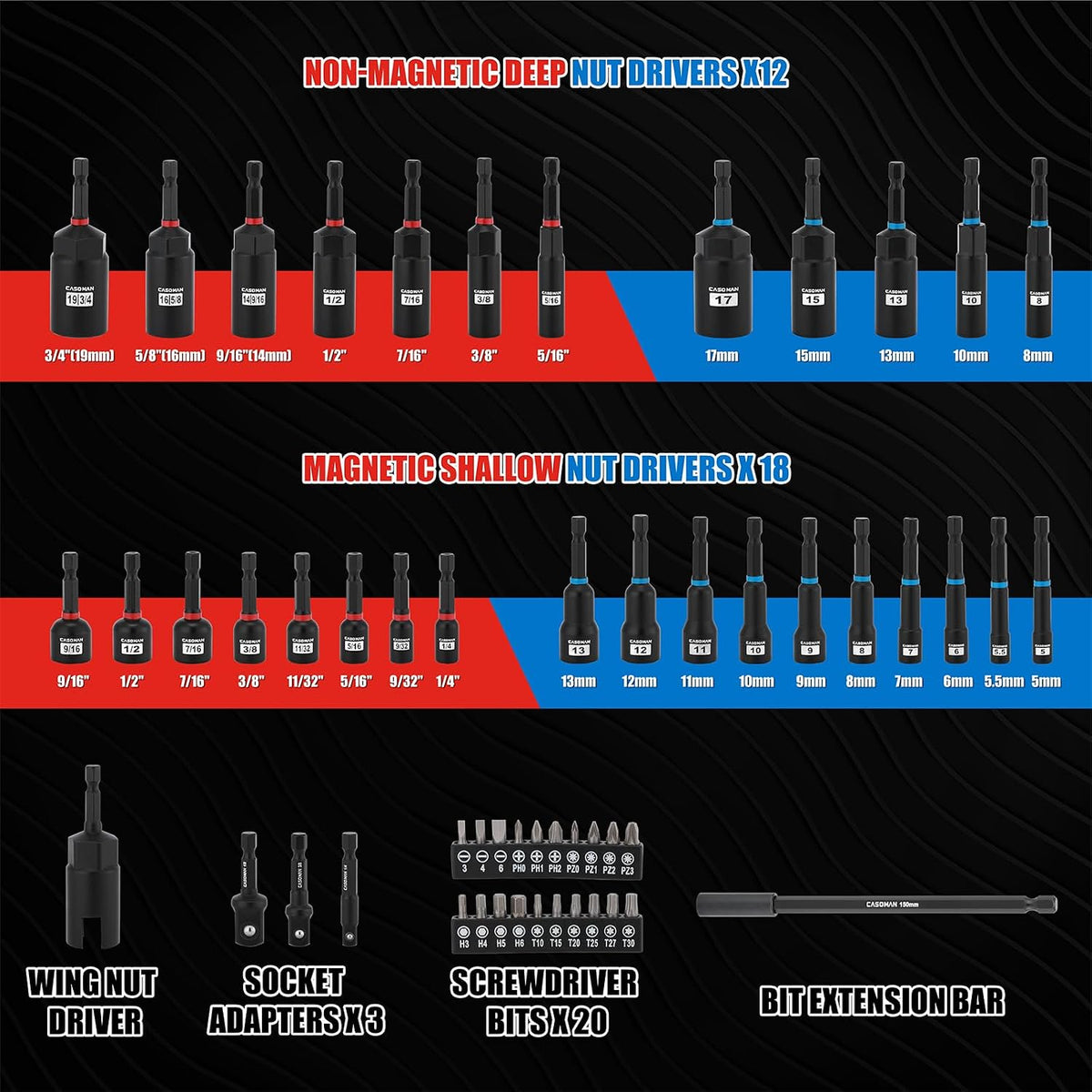 55-Piece Magnetic Nut Driver Set for Impact Drill, Deep & Shallow, Metric & SAE, Includes Screwdriver Bits, Bit Extension Bar, Socket Adapters & Wing Nut Driver
