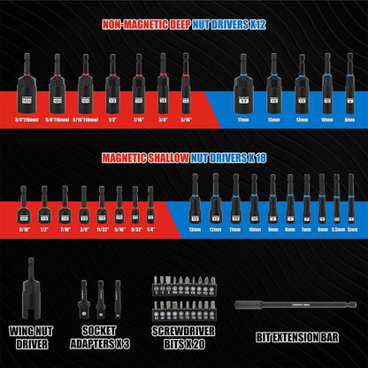 55-Piece Magnetic Nut Driver Set for Impact Drill, Deep & Shallow, Metric & SAE, Includes Screwdriver Bits, Bit Extension Bar, Socket Adapters & Wing Nut Driver