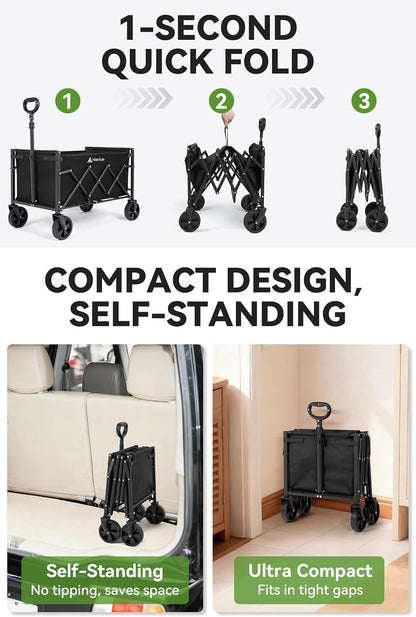 Collapsible Folding Wagon Cart with Wheels, 220 LBS Heavy Duty Utility Wagon, Lightweight Portable Folding Cart for Grocery, Camping, Garden, Beach & Sports
