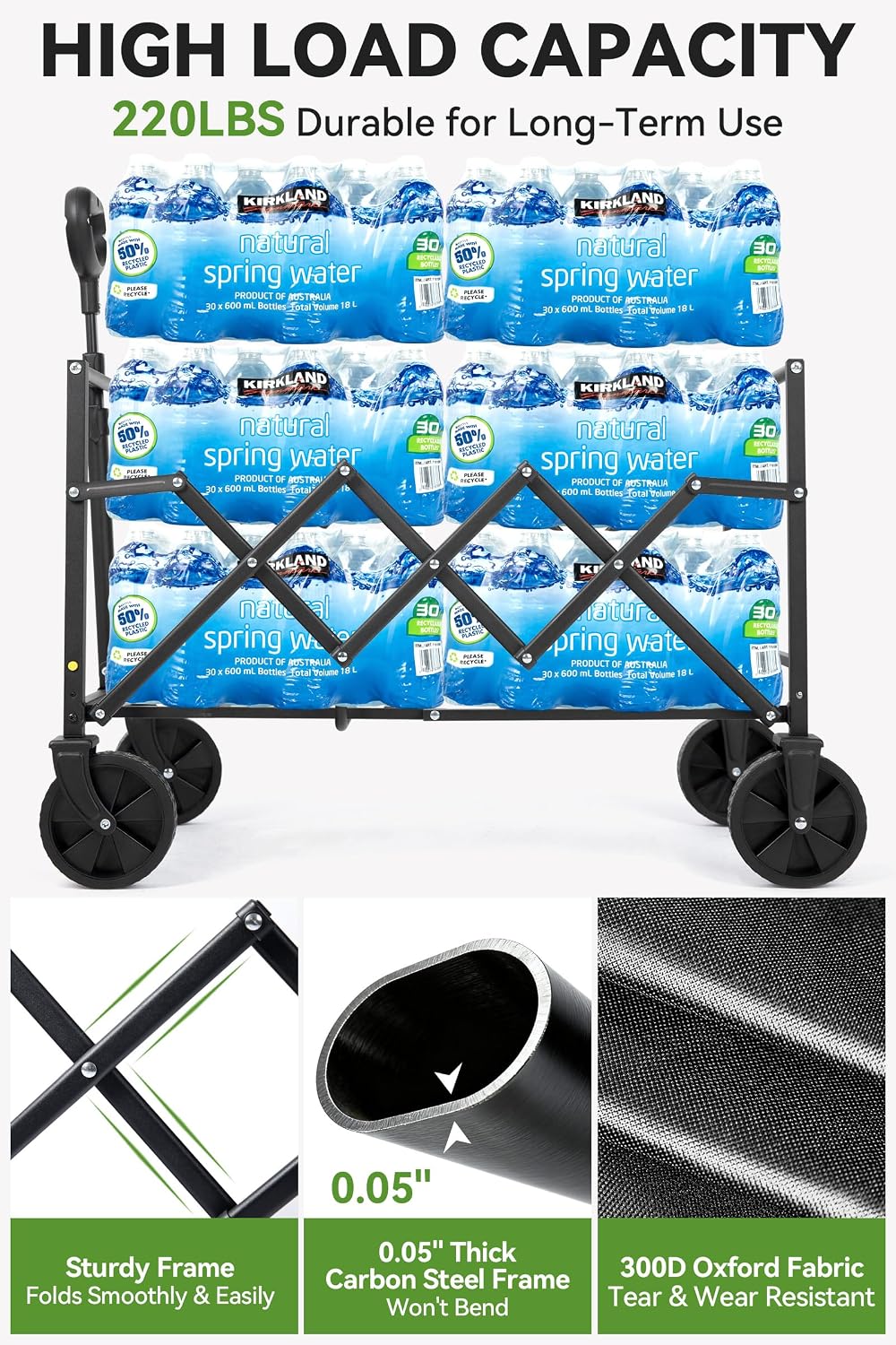 Collapsible Folding Wagon Cart with Wheels, 220 LBS Heavy Duty Utility Wagon, Lightweight Portable Folding Cart for Grocery, Camping, Garden, Beach & Sports