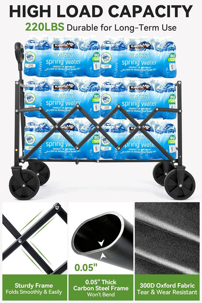 Collapsible Folding Wagon Cart with Wheels, 220 LBS Heavy Duty Utility Wagon, Lightweight Portable Folding Cart for Grocery, Camping, Garden, Beach & Sports