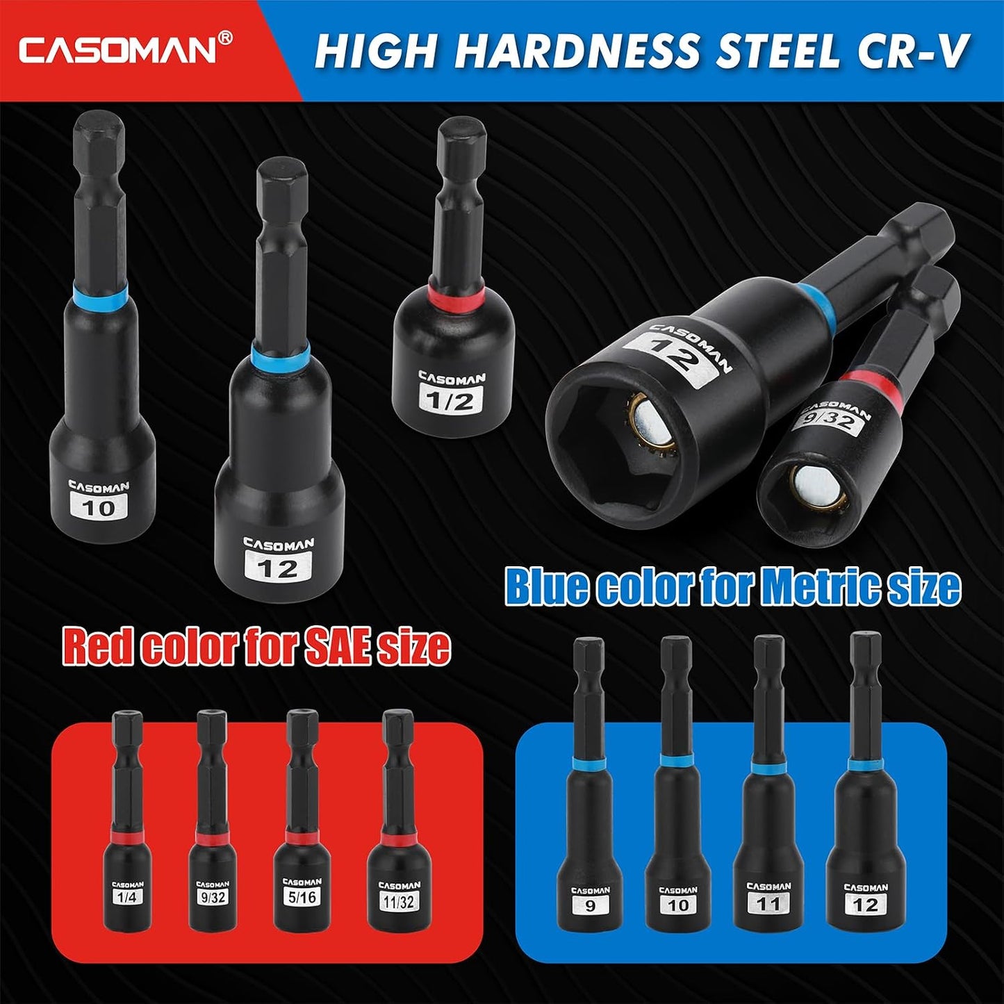 55-Piece Magnetic Nut Driver Set for Impact Drill, Deep & Shallow, Metric & SAE, Includes Screwdriver Bits, Bit Extension Bar, Socket Adapters & Wing Nut Driver
