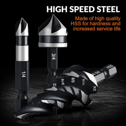 10-Piece Step Drill Bit & Countersink Set, 5 Spiral Flute Step Bits & 5 HSS Countersink Bits, 1/4" & 3/8" Shank, for Metal, Aluminum, Wood & Plastic