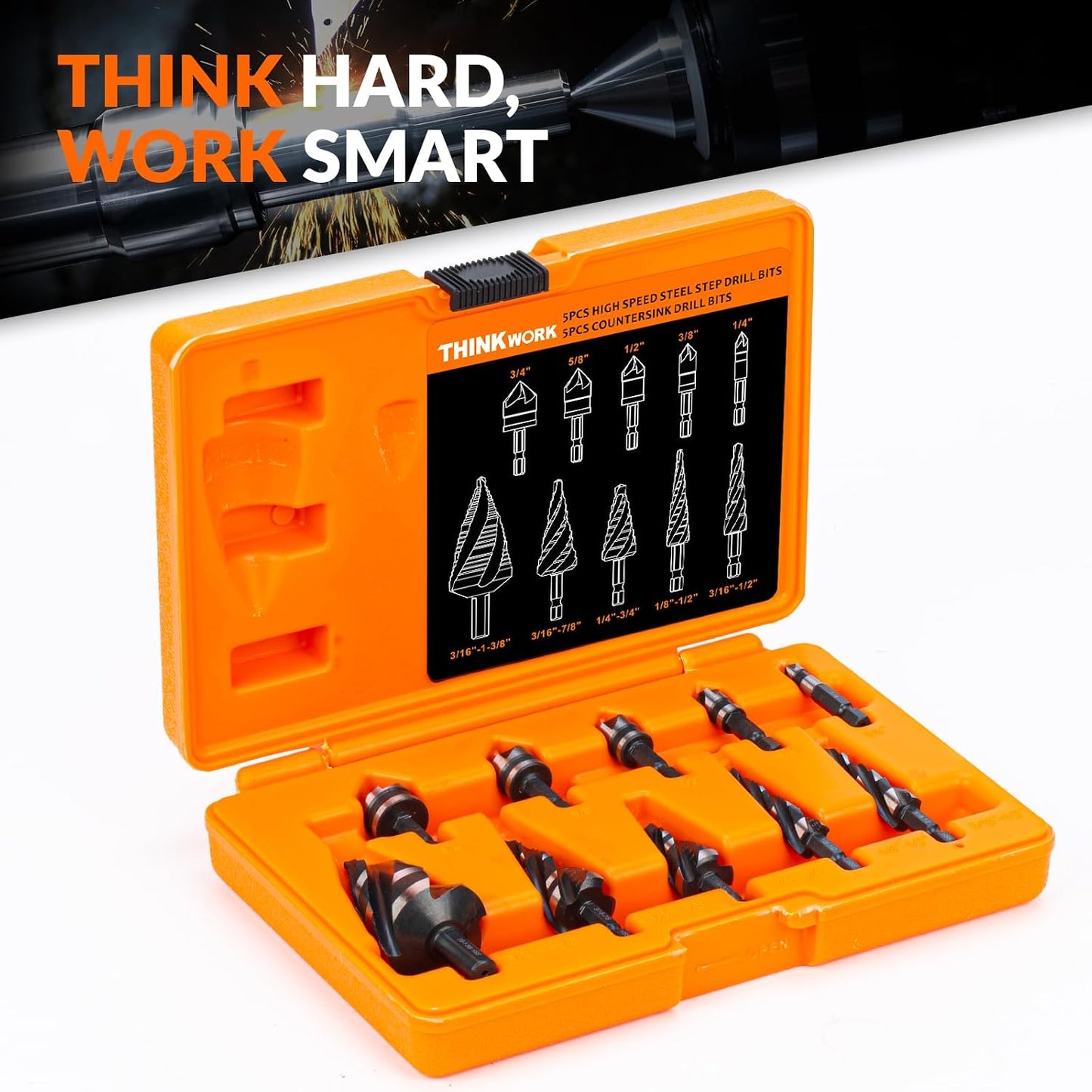 10-Piece Step Drill Bit & Countersink Set, 5 Spiral Flute Step Bits & 5 HSS Countersink Bits, 1/4" & 3/8" Shank, for Metal, Aluminum, Wood & Plastic