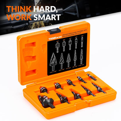 10-Piece Step Drill Bit & Countersink Set, 5 Spiral Flute Step Bits & 5 HSS Countersink Bits, 1/4" & 3/8" Shank, for Metal, Aluminum, Wood & Plastic