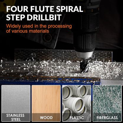 10-Piece Step Drill Bit & Countersink Set, 5 Spiral Flute Step Bits & 5 HSS Countersink Bits, 1/4" & 3/8" Shank, for Metal, Aluminum, Wood & Plastic