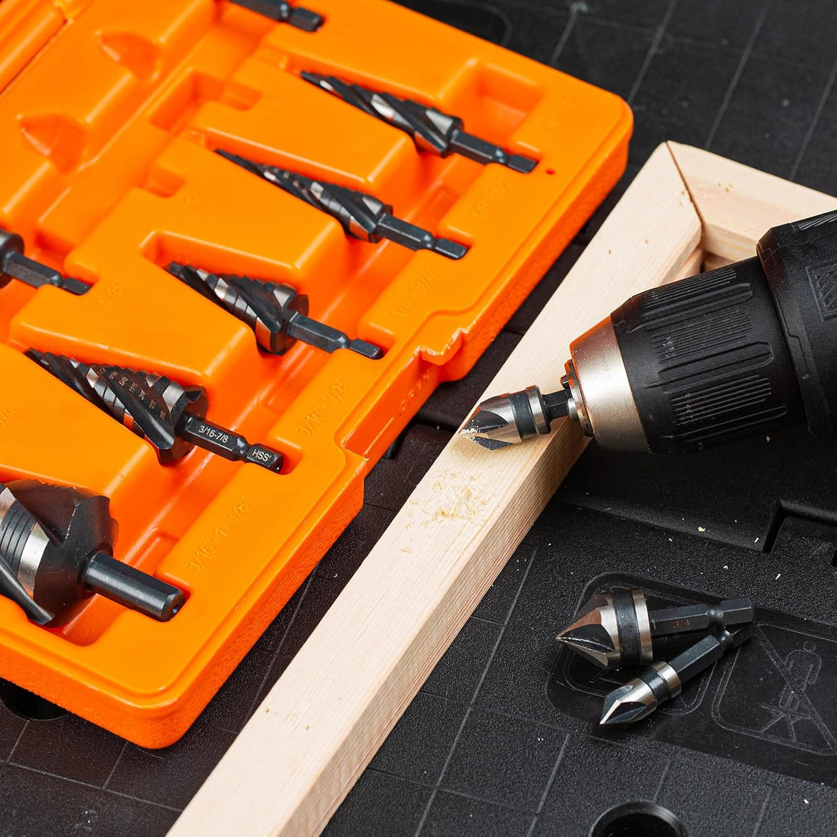 10-Piece Step Drill Bit & Countersink Set, 5 Spiral Flute Step Bits & 5 HSS Countersink Bits, 1/4" & 3/8" Shank, for Metal, Aluminum, Wood & Plastic
