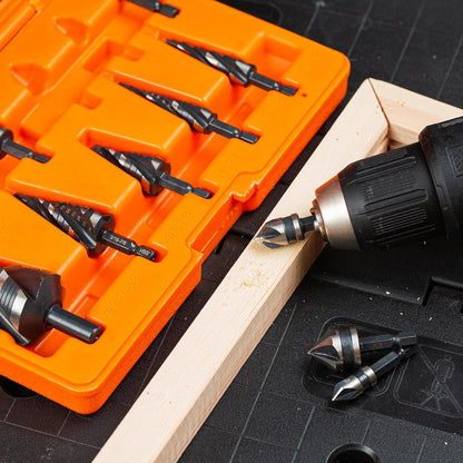 10-Piece Step Drill Bit & Countersink Set, 5 Spiral Flute Step Bits & 5 HSS Countersink Bits, 1/4" & 3/8" Shank, for Metal, Aluminum, Wood & Plastic
